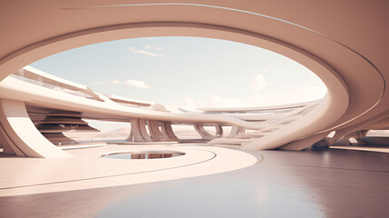 Open space beige-colored futuristic architecture, 3D rendering with empty space for product presentation