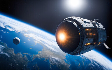 Spaceship in space, with glow and lights, fantasy photo, beautiful planets, planet earth, planet...