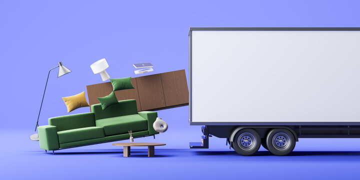 Mock up truck with home furniture delivery, relocation and moving