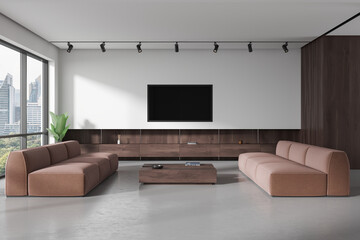 White living room interior with TV and sofas