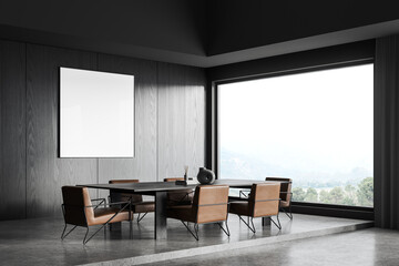 Dark eating interior with table and seats, panoramic window. Mockup frame