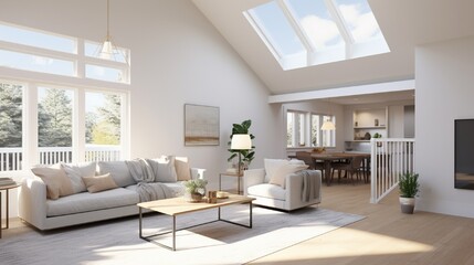 A light and bright open concept living room den with vaulted ceilings in a new construction house. - obrazy, fototapety, plakaty