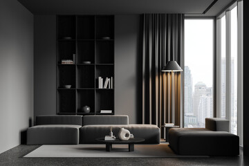 Grey home living room interior with couch and shelf with panoramic window