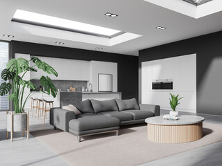 White and gray living room and kitchen corner