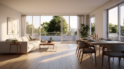 a living room and dining area in a house with white walls, flooring and large windows looking out onto the street