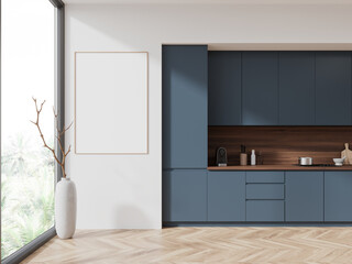 White and blue kitchen interior with poster