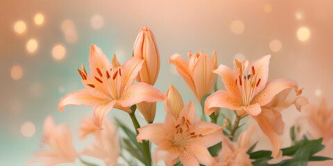 Bouquet of lilies on blurred bokeh background in trendy Peach Fuzz color. Elegant backdrop for holiday banners, posters, cards