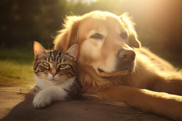 A dog and a cat lying down together, low angle shot, AI Generative