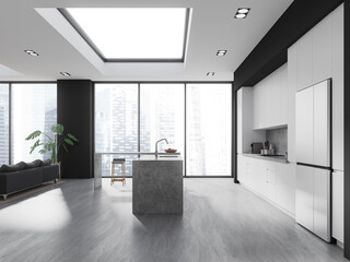 Modern flat studio interior with cooking and relaxing space, panoramic window