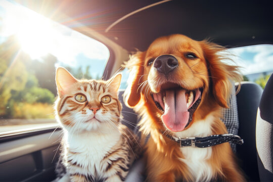 Happy dog and cat together in summer vocation travel, AI Generative