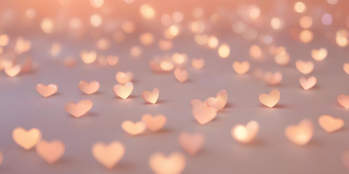 Valentine's day background with hearts and bokeh lights in trendy peach fuzz colors