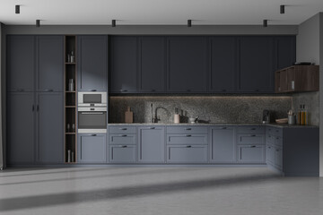 Dark home kitchen interior cooking cabinet with kitchenware, concrete floor