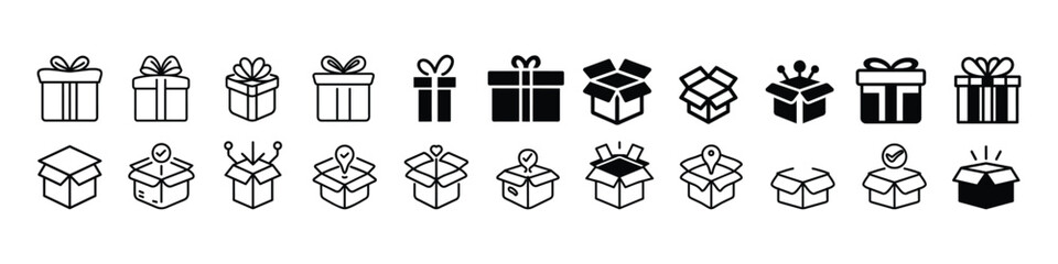 Box icon, Box line icons. Cardboard Boxes Line and Silhouette Icon Set. Open and Closed Parcel Collection Icon. Delivery icon. Box icon set. Product package cardboard shipping parcel box icon