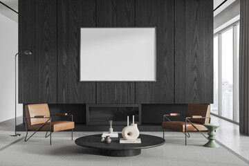 Modern home living room interior with chairs, fireplace and window. Mockup frame