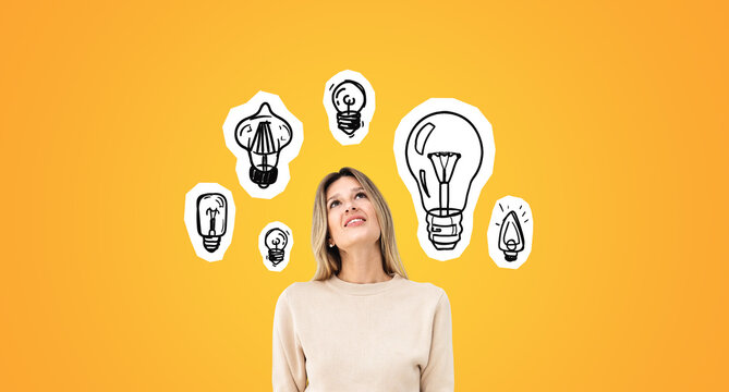 Smiling young pensive woman and set of lightbulbs on yellow background - Powered by Adobe