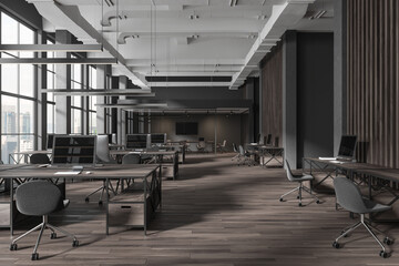Business office interior with coworking and conference room, panoramic window