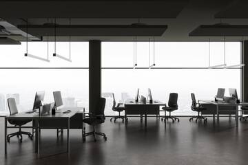 Grey office workplace interior with pc computers and panoramic window