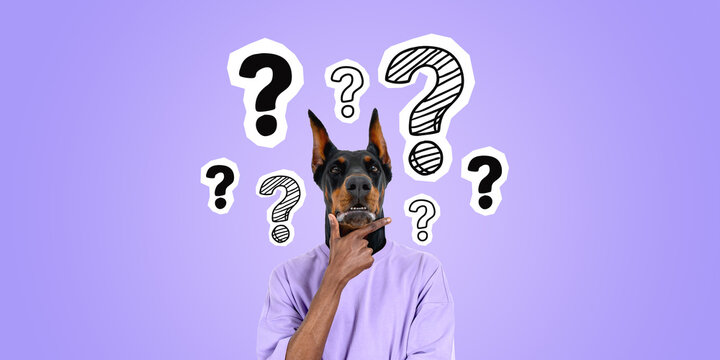 Man with dog head and hand on chin, question marks on purple background - Powered by Adobe