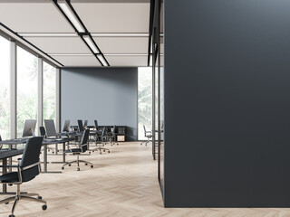 Gray open space office interior with blank wall