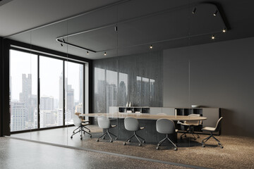 Grey meeting room interior with table and chairs, panoramic window