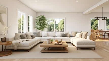 Naklejka premium a living room with white walls and hardwood flooring, including a large sectional sofa set on the right side