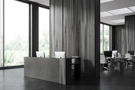 Gray and wooden office corner with reception