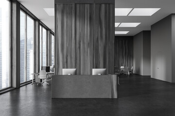 Gray and wooden office interior with reception