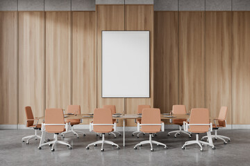 Light wooden board room interior with poster