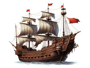 Sailing old pirate ship made with wood isolated on transparent background. Generative AI