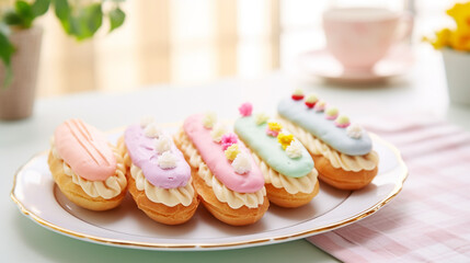 Obraz na płótnie Canvas Illustration of colorful cute pastel eclairs laid out on a platter, in soft pastel colors and a spring black background.