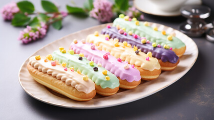Fototapeta na wymiar Illustration of colorful cute pastel eclairs laid out on a platter, in soft pastel colors and a spring black background.