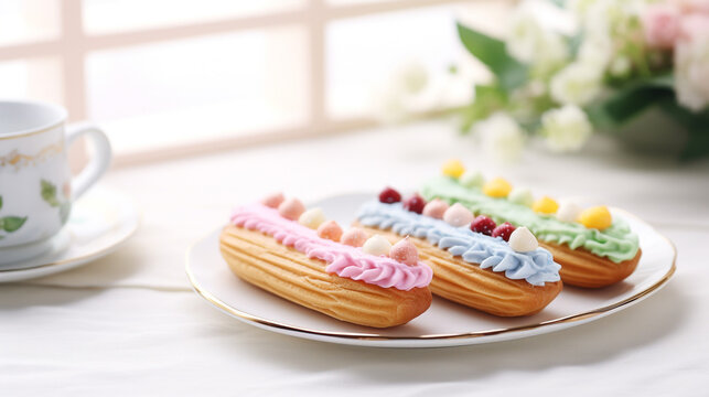 Illustration of colorful cute pastel eclairs laid out on a platter, in soft pastel colors and a spring black background.