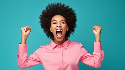 Photo of an ecstatic person, either a lady or a man, shouting loudly 'Yeah!' with a fist raised up in a gesture of winning a lottery, isolated on a bright, shining colored background