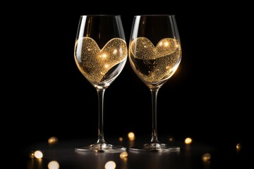 Champagne bubbles in shape of hearts in two glasses on black background with backlight. St. Valentine's day concept.