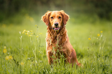 Golden Retriever sitting up in a field looking at the camera - 690592866
