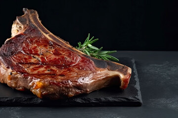 Succulent Farmhouse Rustic Rump Steak with thyme garnish shot against a dark background with wood burner. The perfect image for your bistro or restaurant menu cover art. Copy space.