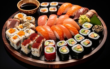 sumptuous sushi platter on dark background