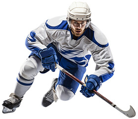 A hockey player in a white and blue uniform does acceleration on the ice with a stick in his hands. Isolated on a transparent background