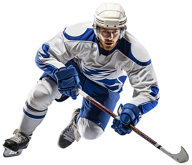 A hockey player in a white and blue uniform does acceleration on the ice with a stick in his hands. Isolated on a transparent background