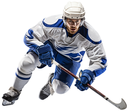 A hockey player in a white and blue uniform does acceleration on the ice with a stick in his hands. Isolated on a transparent background