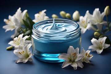 Fototapeta na wymiar Cosmetic moisturizer with lily flowers on blue background. Copy space. Advertising banner. Natural aromatherapy. Fresh lotion. Spa still life with flowers 
