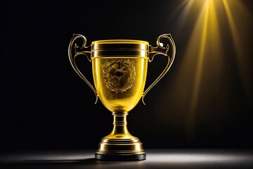 Fototapeta na wymiar Gold cup. Trophy on black background. Shiny prize with confette. Winner achievement