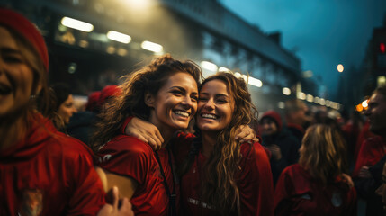 Victory Smiles: Two Women Soccer Players Celebrating Championship Win