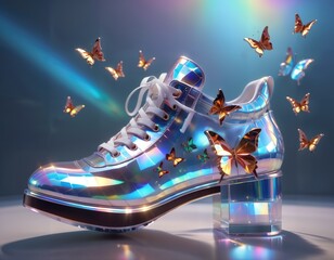 butterflies fly around sneaker with heel futuristic style