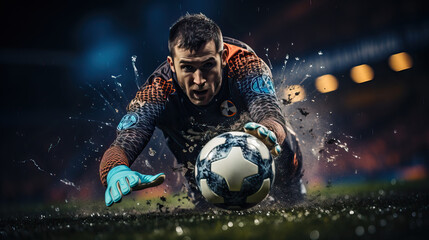 Young soccer goalkeeper in motion, defending the ball. - obrazy, fototapety, plakaty