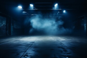A dark empty street, dark blue background, an empty dark scene, neon light, spotlights The asphalt floor and studio room with smoke float up the interior texture. night view - obrazy, fototapety, plakaty