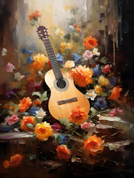 Guitar among the flowers. Oil painting in impressionism style.