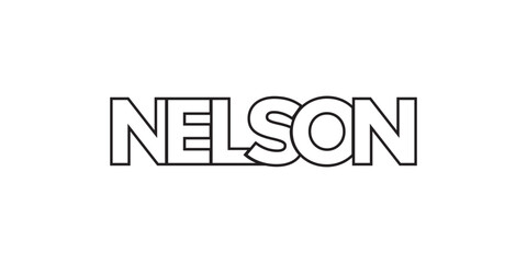 Nelson in the New Zealand emblem. The design features a geometric style, vector illustration with bold typography in a modern font. The graphic slogan lettering.