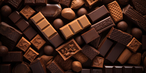 An assortment of chocolate treats are scattered, creating a textured mosaic of sweetness - obrazy, fototapety, plakaty
