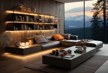 Modern Living Room with Mountain View and Elegant Dark Furniture